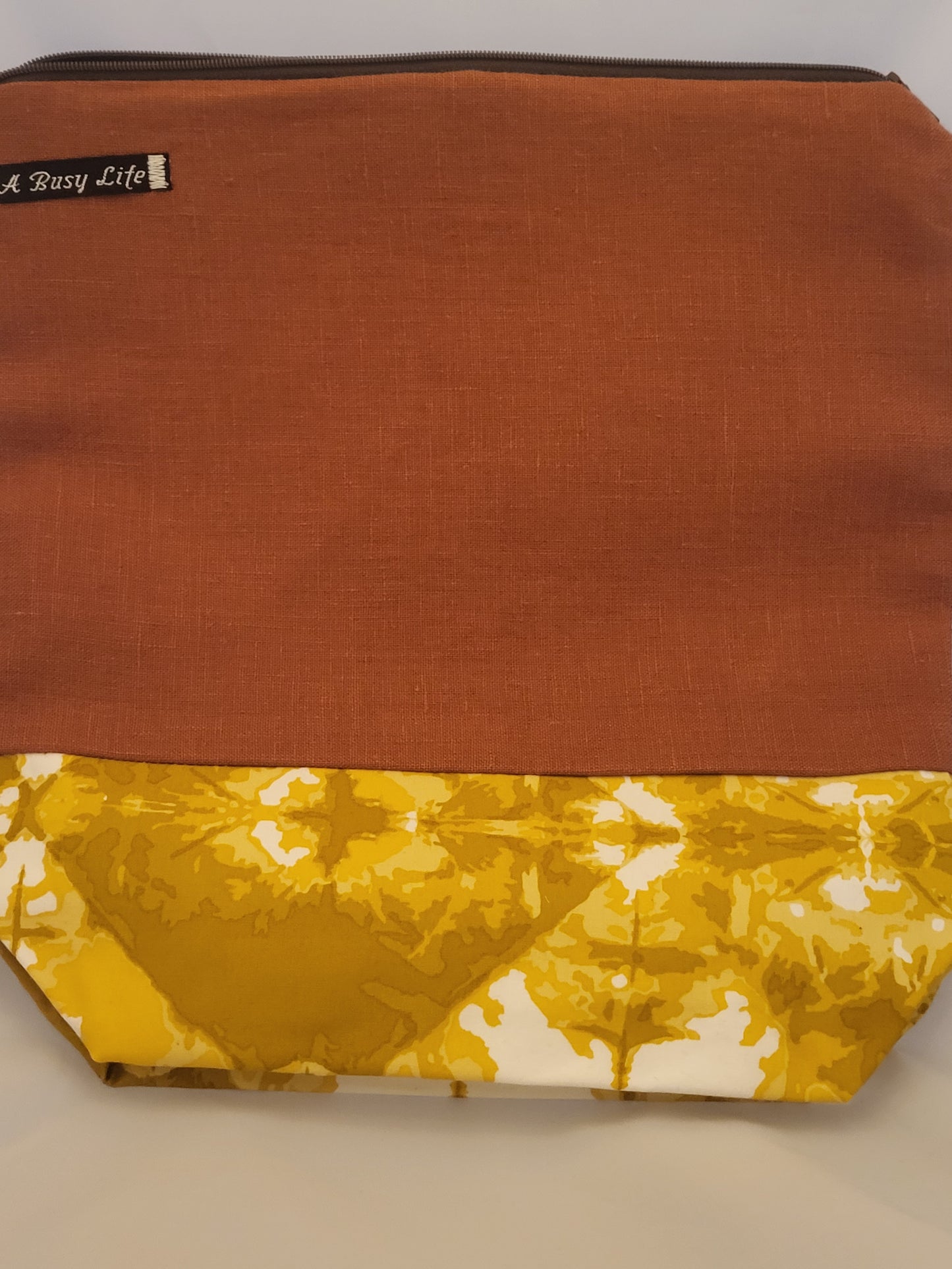 Rust linen and golden batik  project bag, Zippered Project Bag,   project bag,  Storage bag
