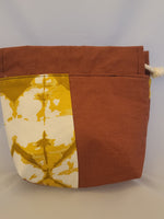 Gold batik with rust linen  drawstring Sock Sack, Drawstring bag,small project bag, small storage bag