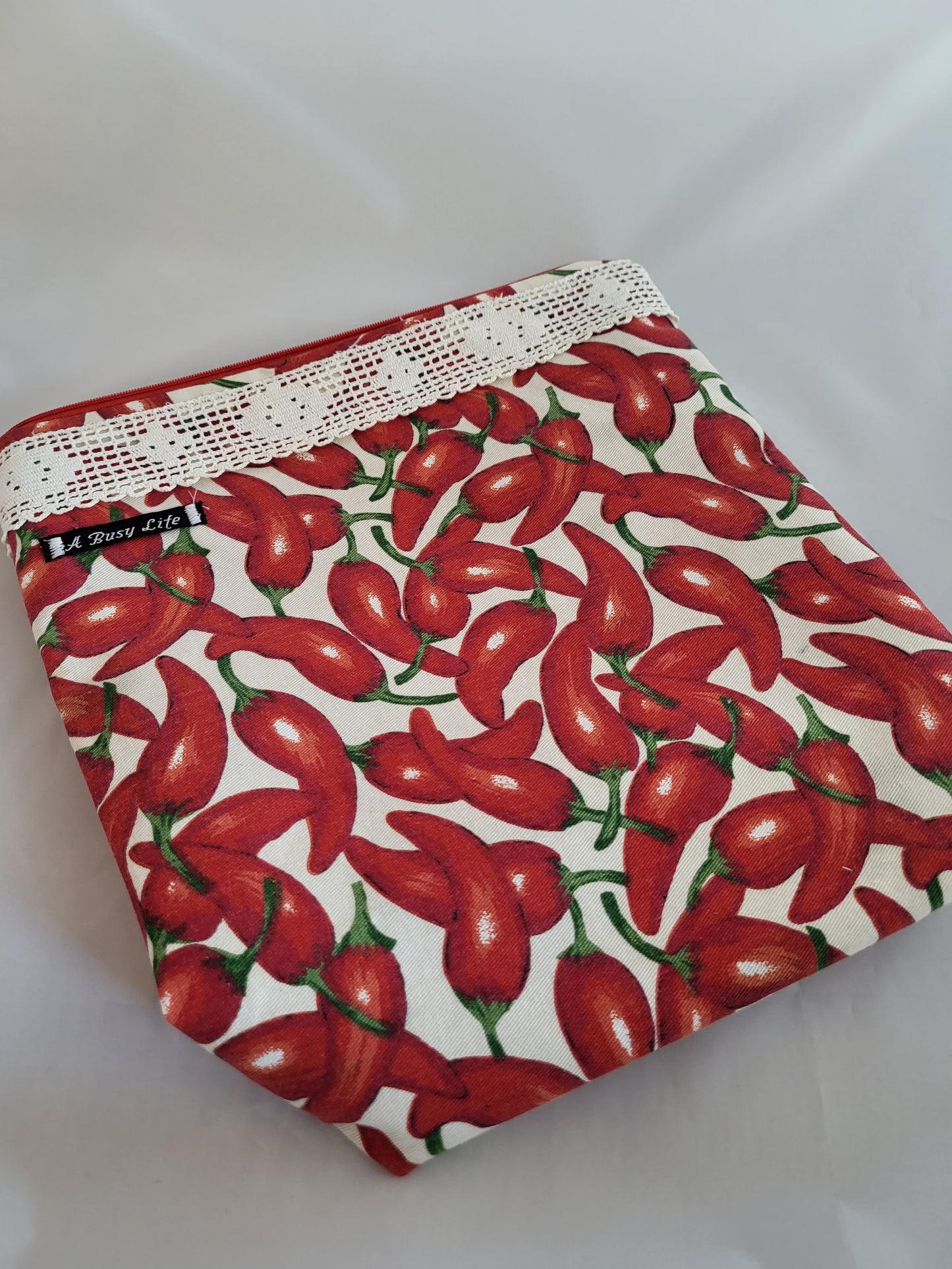Hot Pepper and Lace Project Bag, Zippered Project Bag, Hot Pepper project bag,  project bag,  Storage bag