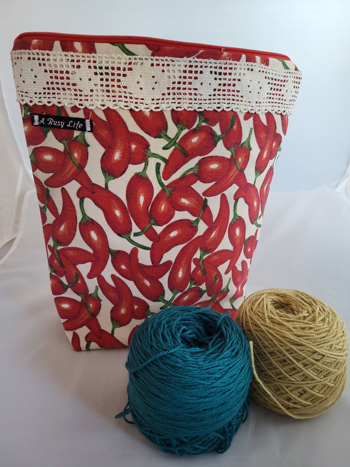 Hot Pepper and Lace Project Bag, Zippered Project Bag, Hot Pepper project bag,  project bag,  Storage bag