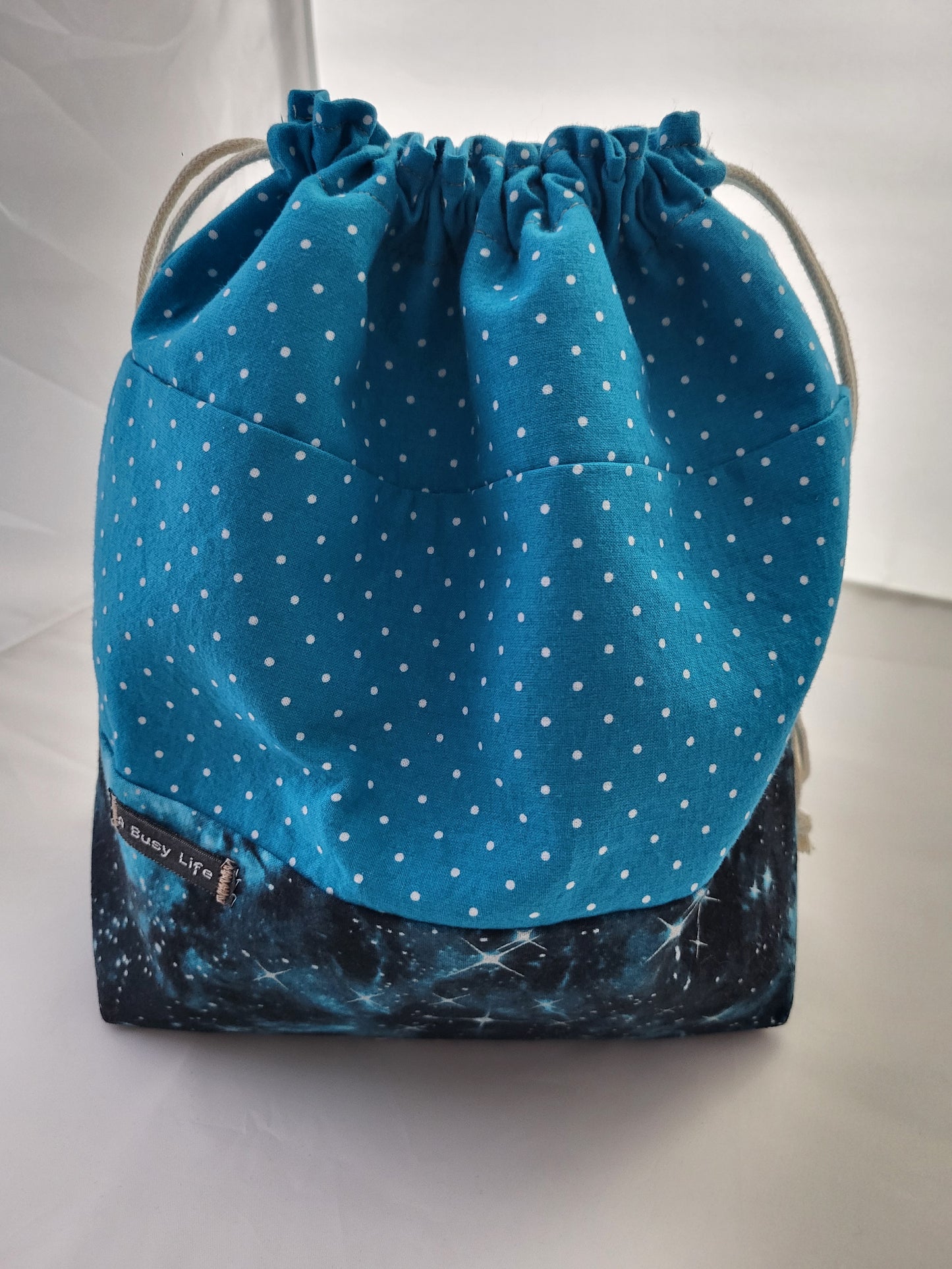 Starry polka dots drawstring Sock Sack, Drawstring bag, small project bag, small storage bag