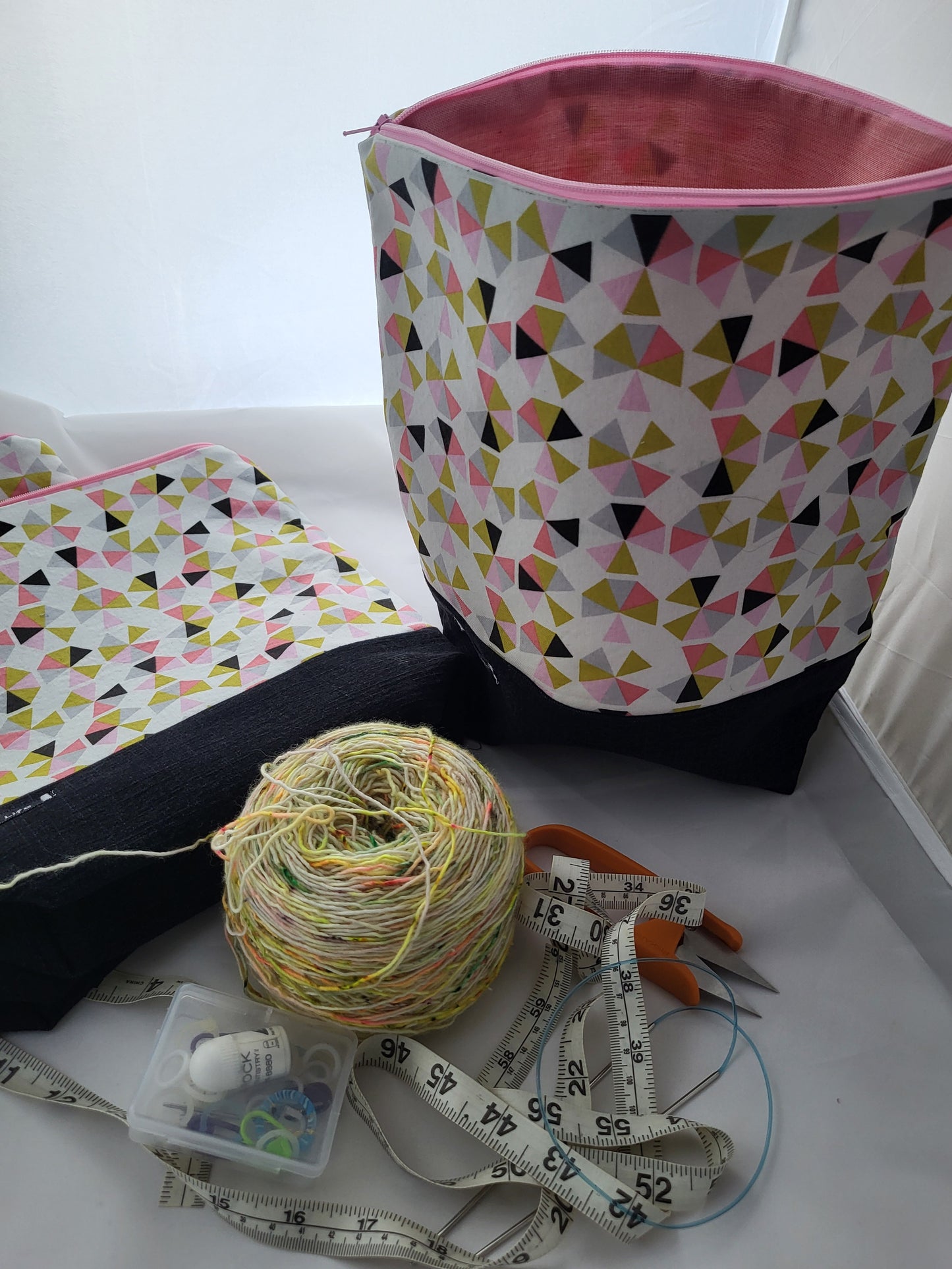 Pink, green, and black geometric project bag, Zippered Project Bag,    project bag,  Storage bag