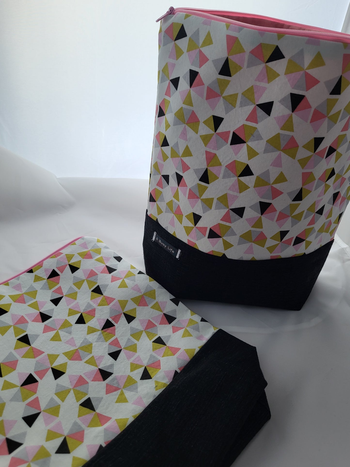 Pink, green, and black geometric project bag, Zippered Project Bag,    project bag,  Storage bag