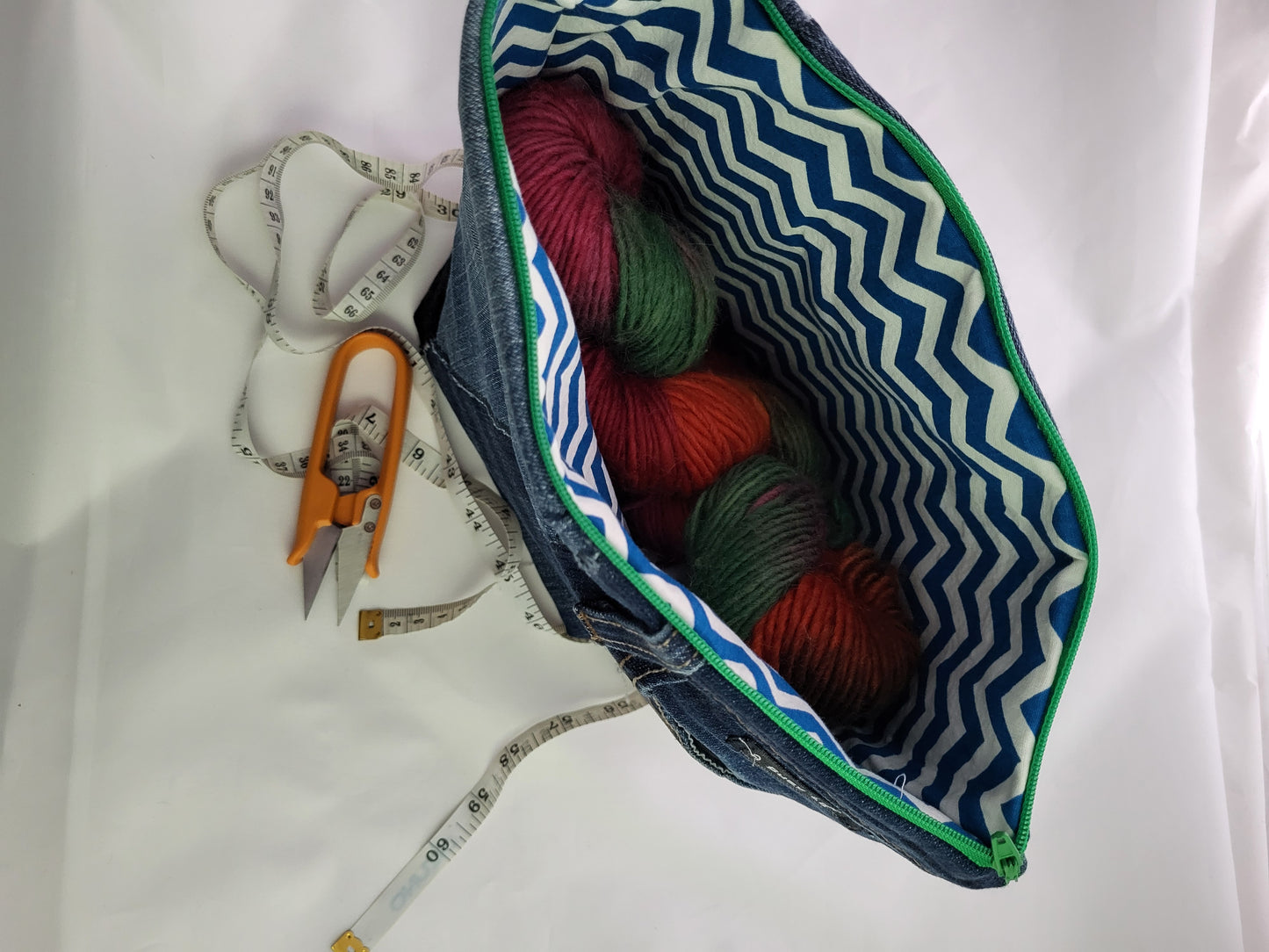 Denim Sack, zippered bag, small project bag, small storage bag