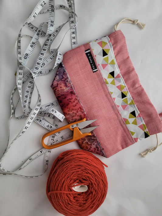 Pretty in Pink  striped drawstring Sock Sack, Drawstring bag, small project bag, small storage bag