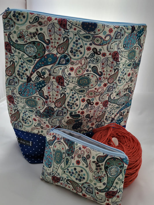 Liberty paisley fabric project bag WITH notions bag, Zippered Project Bag,    project bag,  Storage bag