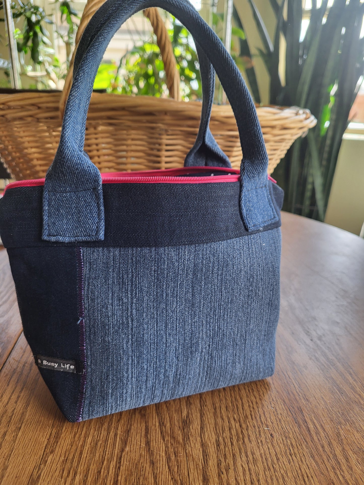 Denim Sack, zippered bag, small project bag WITH handles!, small storage bag