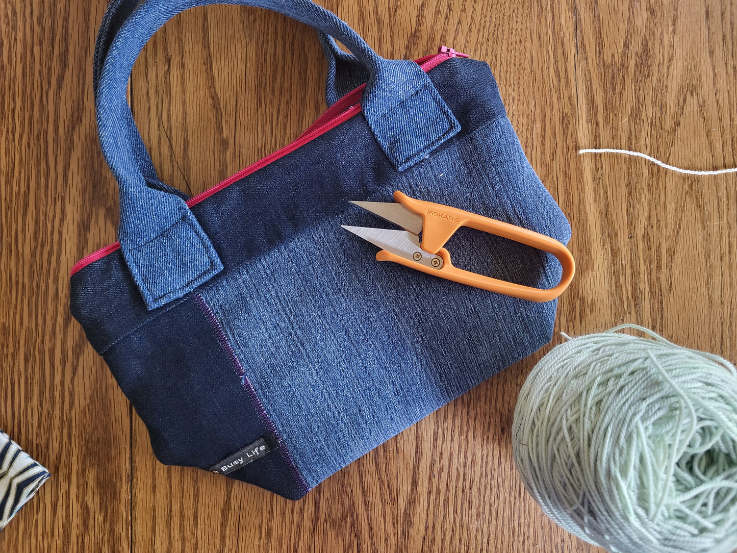 Denim Sack, zippered bag, small project bag WITH handles!, small storage bag