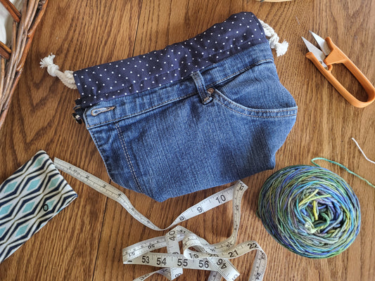 Denim drawstring Sock Sack, Drawstring bag, small project bag, small storage bag