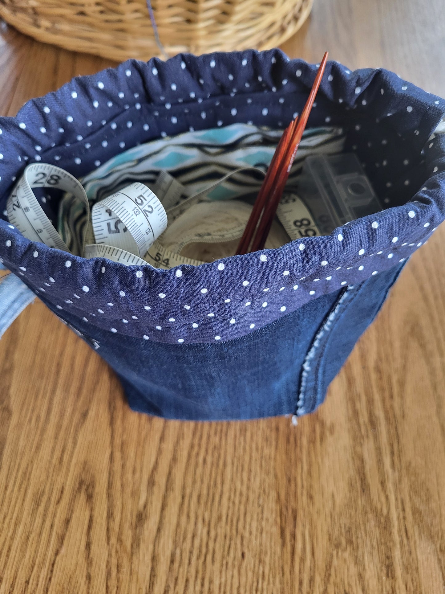 Adorable denim Sock Sack, Drawstring bag, small project bag, small storage bag