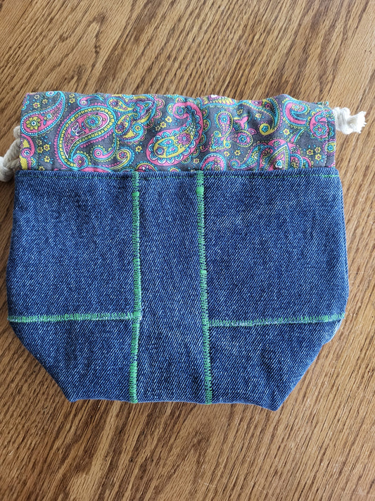 Adorable denim Sock Sack, Drawstring bag, small project bag, small storage bag, recycled denim bag