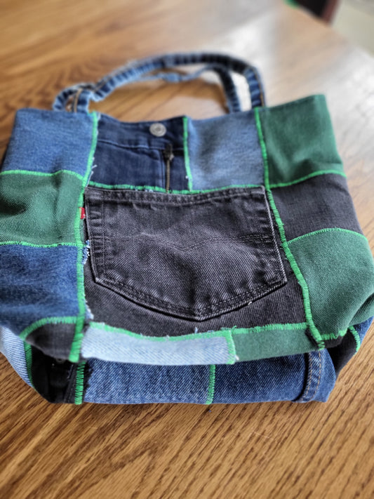 Pieced denim  Sweater sized project bag, Tote Project Bag, project bag,  Storage bag, travel bag, book bag
