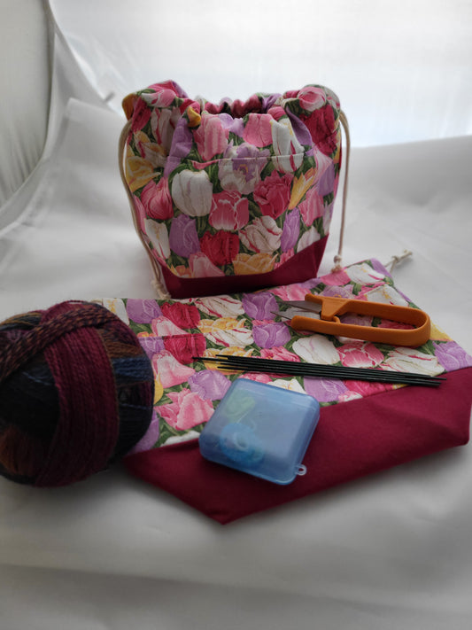 Small drawstring Craft bag, Sock Sack, Drawstring bag, small project bag, small storage bag, tulip fabric