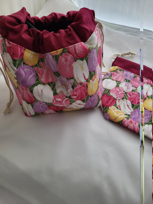Small drawstring Craft bag, Sock Sack, Drawstring bag, small project bag, small storage bag, tulip fabric